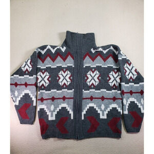Comfort Knit Sweater Mens XL Geometric Knit Acrylic Gray High Neck Full Zip VTG
